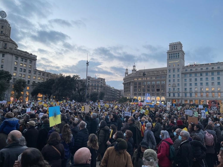 Hundreds demonstrate in Barcelona's Plaça de Catalunya to 'stop war' on March 2, 2022 (by Cristina Tomàs White)